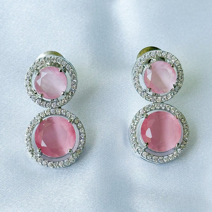 Pink Opal Cubic Zircon American Diamond Silver Plated Necklace Set