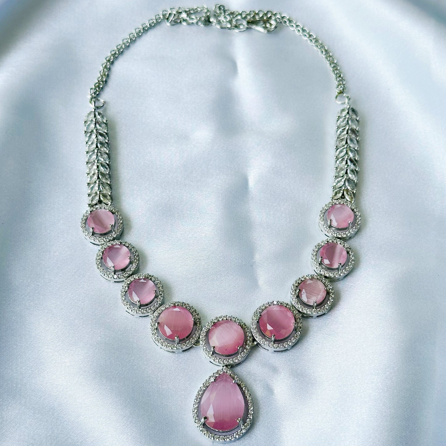 Pink Opal Cubic Zircon American Diamond Silver Plated Necklace Set