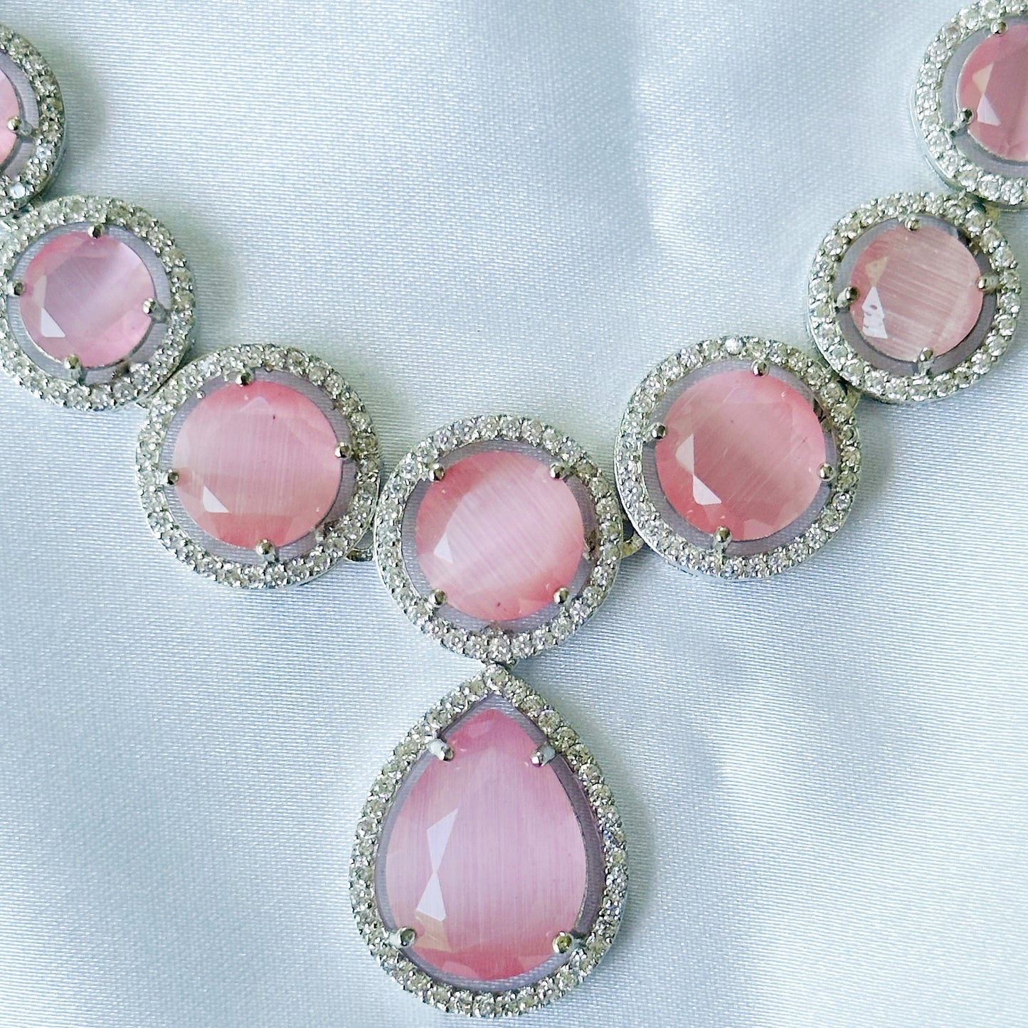 Pink Opal Cubic Zircon American Diamond Silver Plated Necklace Set