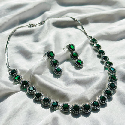Green Emerald Cubic Zircon Stone American Diamond Silver Plated Necklace Set
