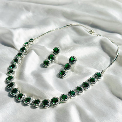 Green Emerald Cubic Zircon Stone American Diamond Silver Plated Necklace Set