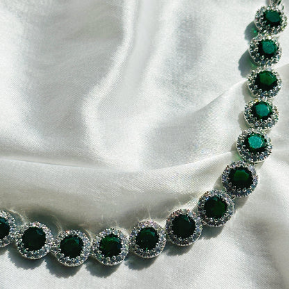 Green Emerald Cubic Zircon Stone American Diamond Silver Plated Necklace Set