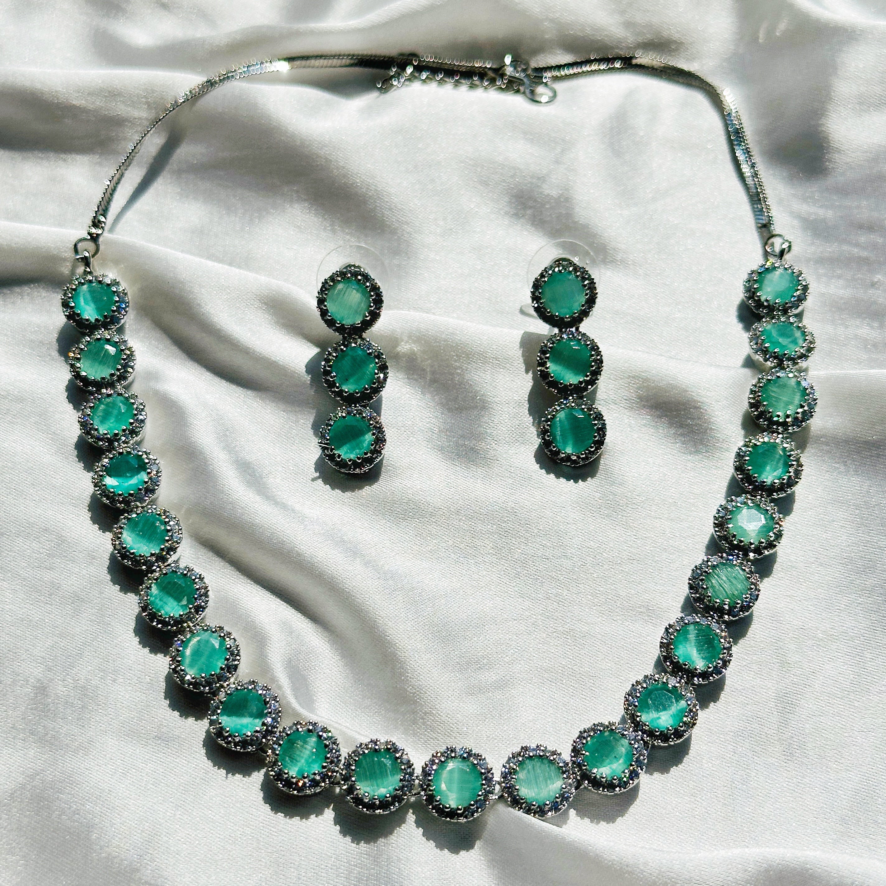 Mint Green Topaz Cubic Zircon Stone American Diamond Silver Plated Necklace Set
