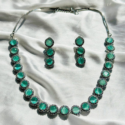Mint Green Topaz Cubic Zircon Stone American Diamond Silver Plated Necklace Set
