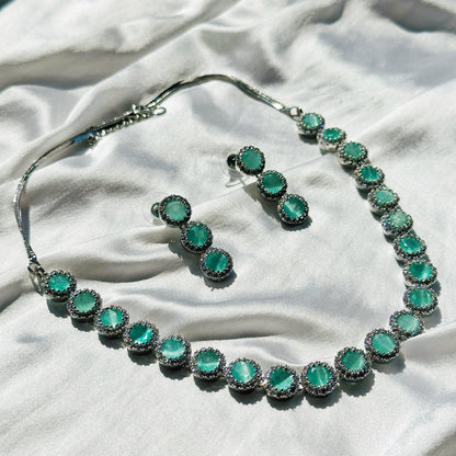 Mint Green Topaz Cubic Zircon Stone American Diamond Silver Plated Necklace Set