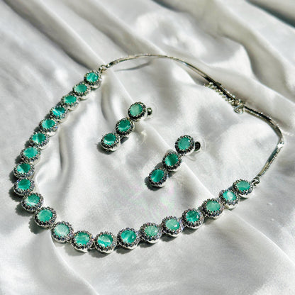 Mint Green Topaz Cubic Zircon Stone American Diamond Silver Plated Necklace Set