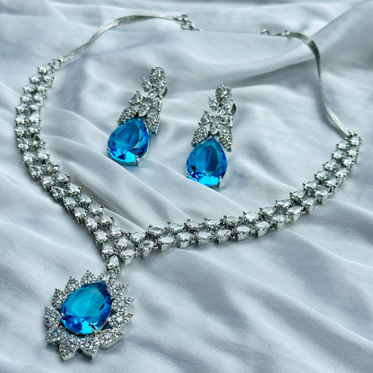 Aqua Blue Sapphire Cubic Zircon American Diamond Silver Plated Necklace Set