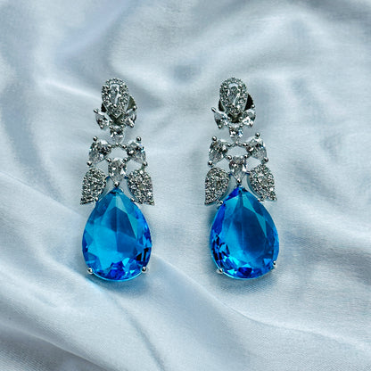 Aqua Blue Sapphire Cubic Zircon American Diamond Silver Plated Necklace Set