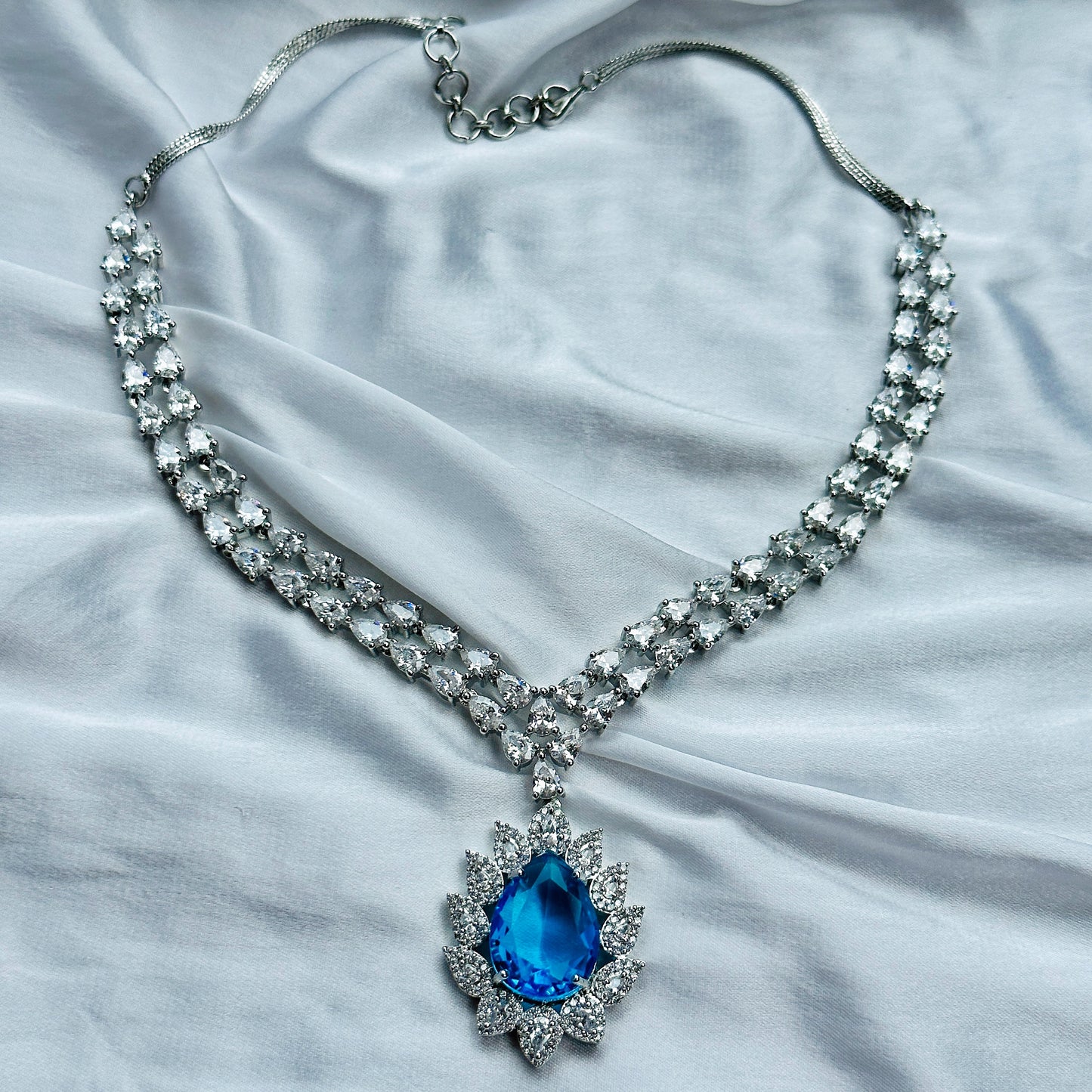 Aqua Blue Sapphire Cubic Zircon American Diamond Silver Plated Necklace Set