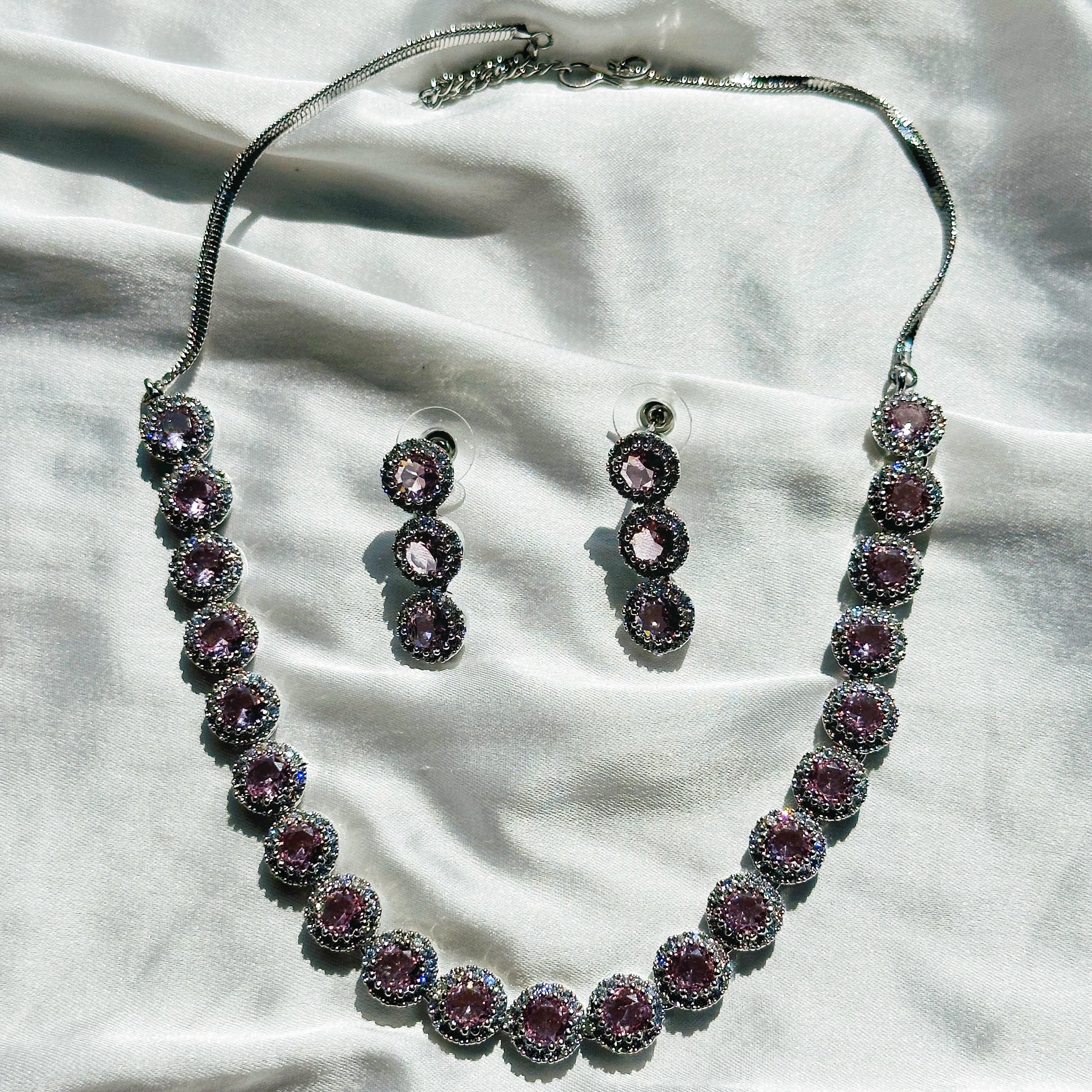 Pink Topaz Cubic Zircon Stone American Diamond Silver Plated Necklace Set