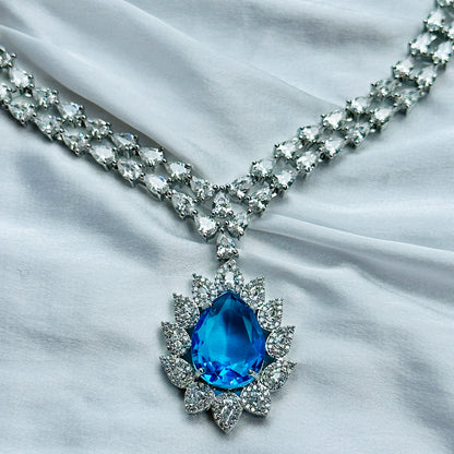 Aqua Blue Sapphire Cubic Zircon American Diamond Silver Plated Necklace Set
