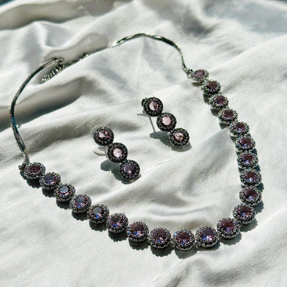 Pink Topaz Cubic Zircon Stone American Diamond Silver Plated Necklace Set