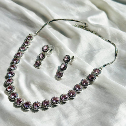Pink Topaz Cubic Zircon Stone American Diamond Silver Plated Necklace Set