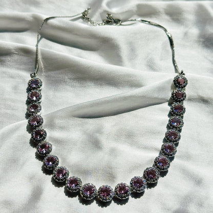 Pink Topaz Cubic Zircon Stone American Diamond Silver Plated Necklace Set