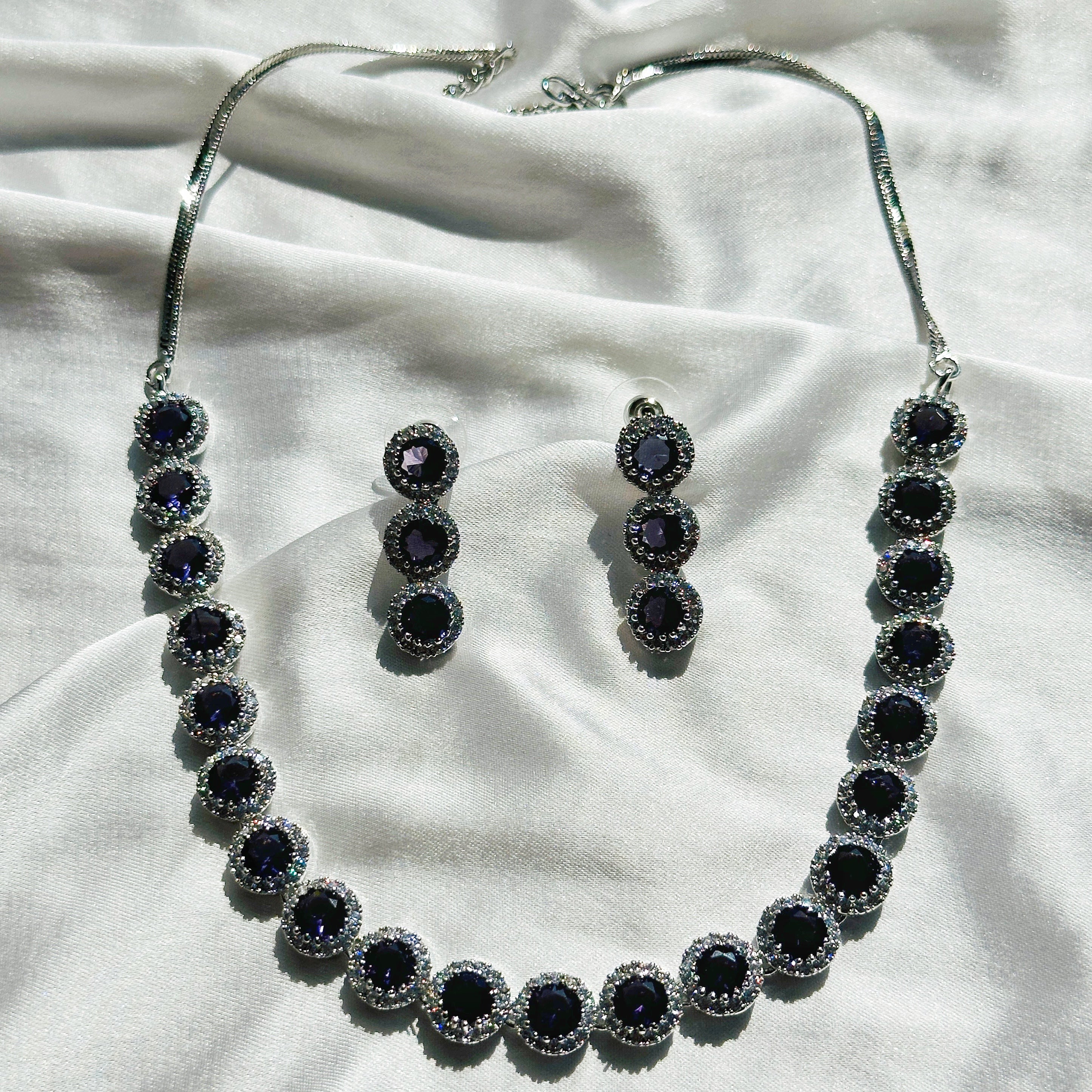 Deep Purple Amethyst Cubic Zircon Stone American Diamond Silver Plated Necklace Set