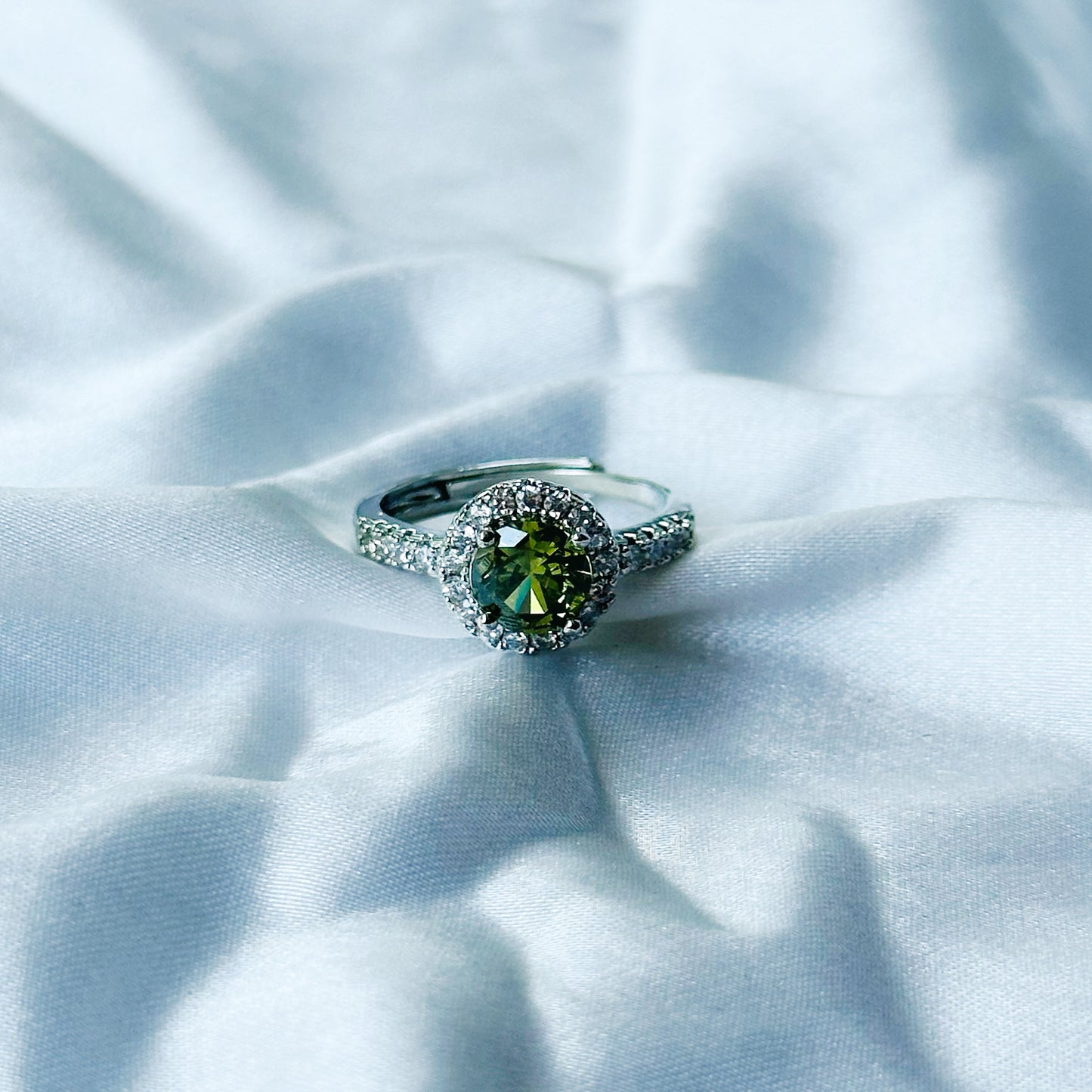Olive Green Cubic Zircon Stone American Diamond Silver Plated Adjustable Ring