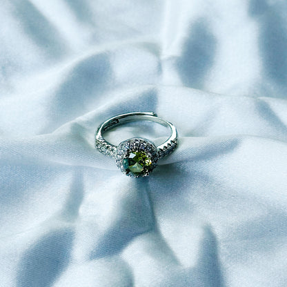Olive Green Cubic Zircon Stone American Diamond Silver Plated Adjustable Ring