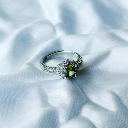 Olive Green Cubic Zircon Stone American Diamond Silver Plated Adjustable Ring