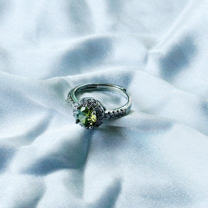 Olive Green Cubic Zircon Stone American Diamond Silver Plated Adjustable Ring