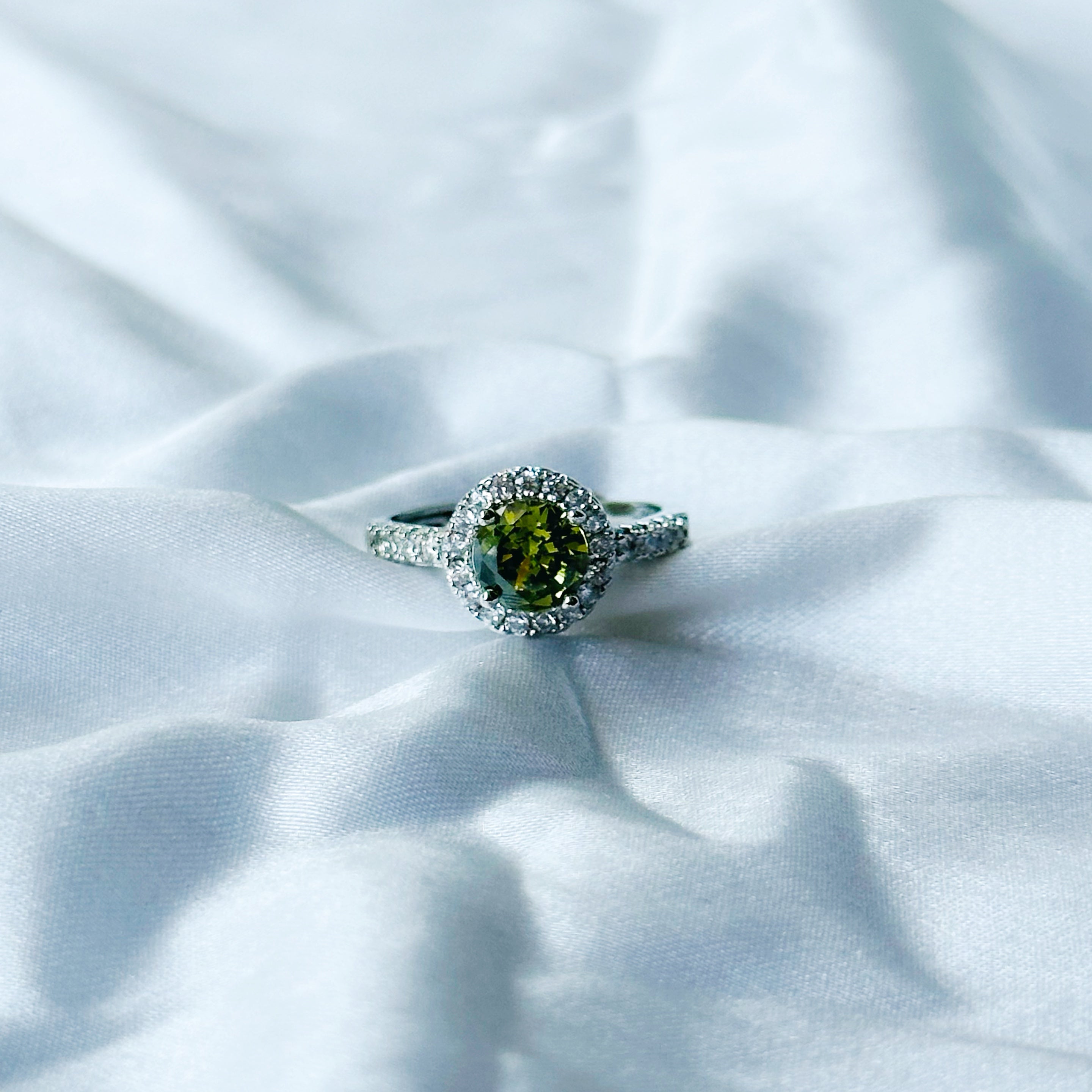 Olive Green Cubic Zircon Stone American Diamond Silver Plated Adjustable Ring