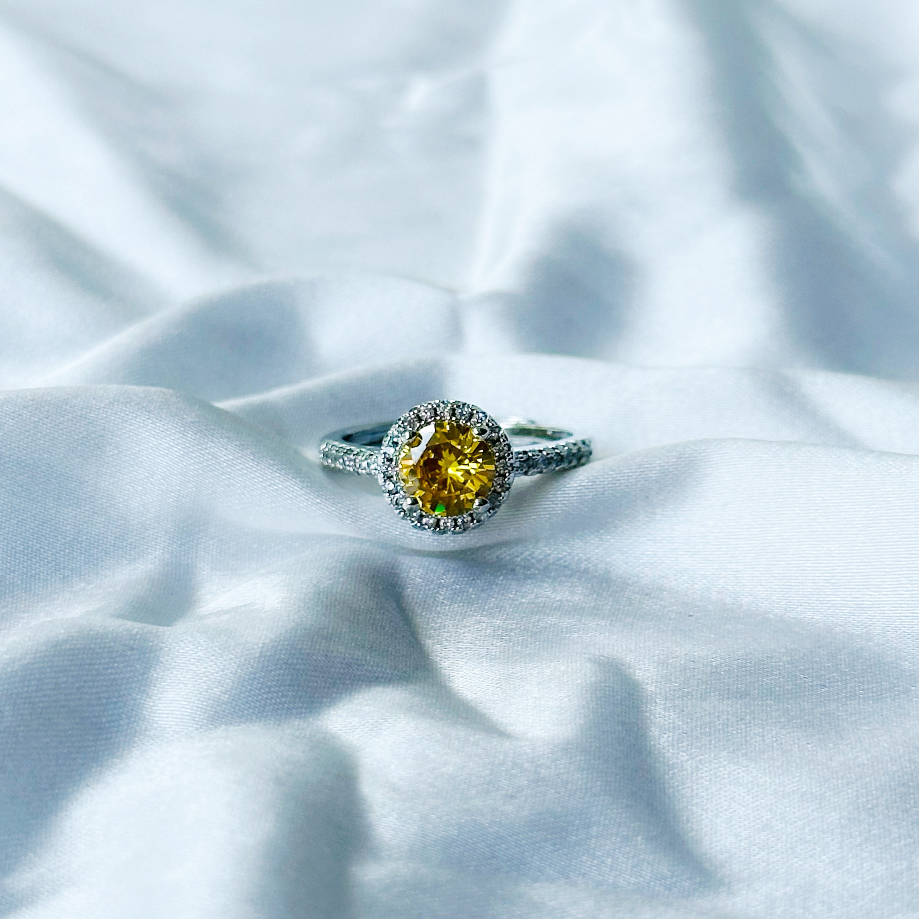 Yellow Topaz Cubic Zircon Stone American Diamond Silver Plated Adjustable Ring