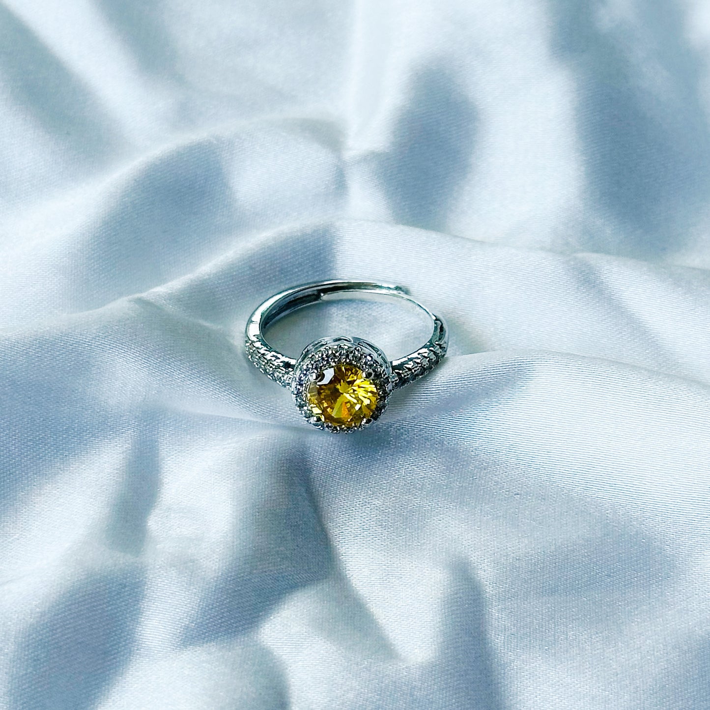 Yellow Topaz Cubic Zircon Stone American Diamond Silver Plated Adjustable Ring