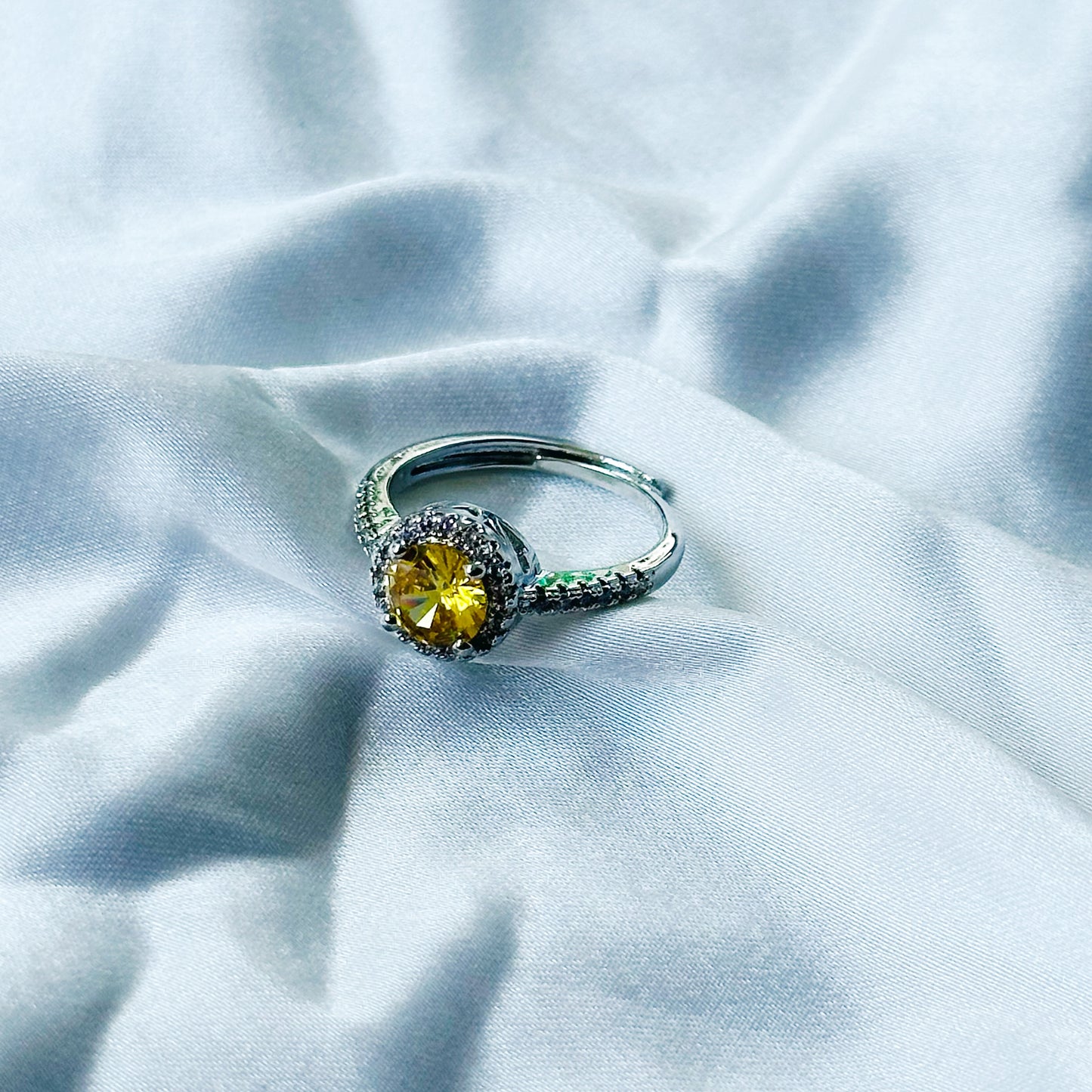 Yellow Topaz Cubic Zircon Stone American Diamond Silver Plated Adjustable Ring