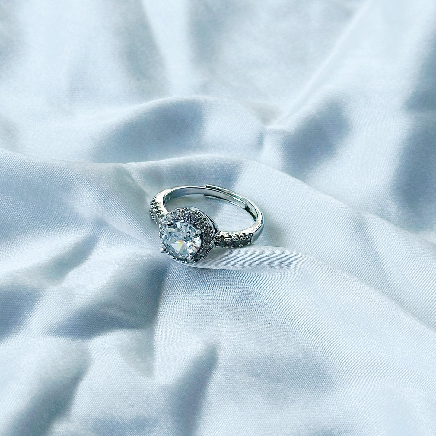 Solitaire Cubic Zircon American Diamond Silver Plated Adjustable Ring