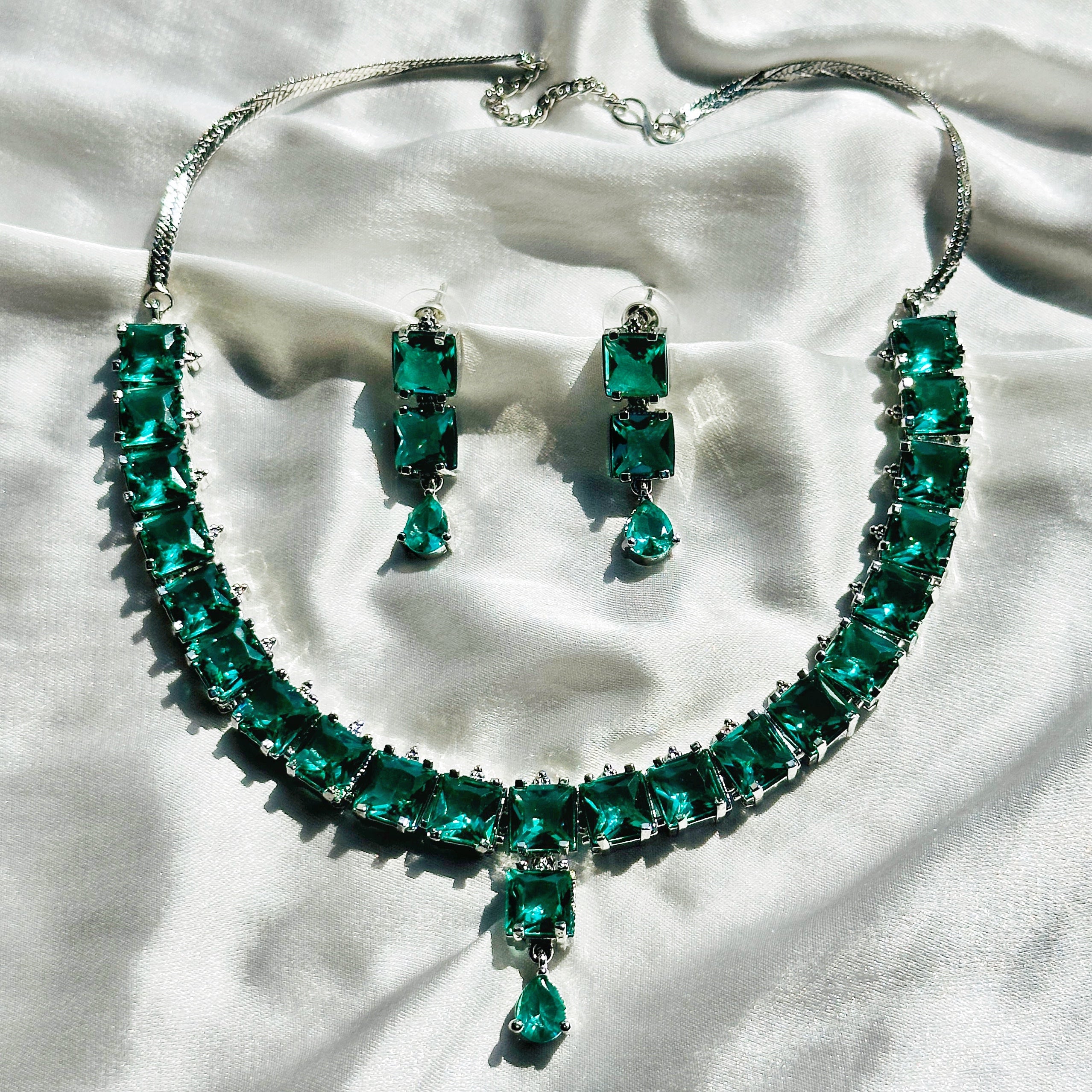 Sea Green Topaz Cubic Zircon Silver Plated Necklace Set