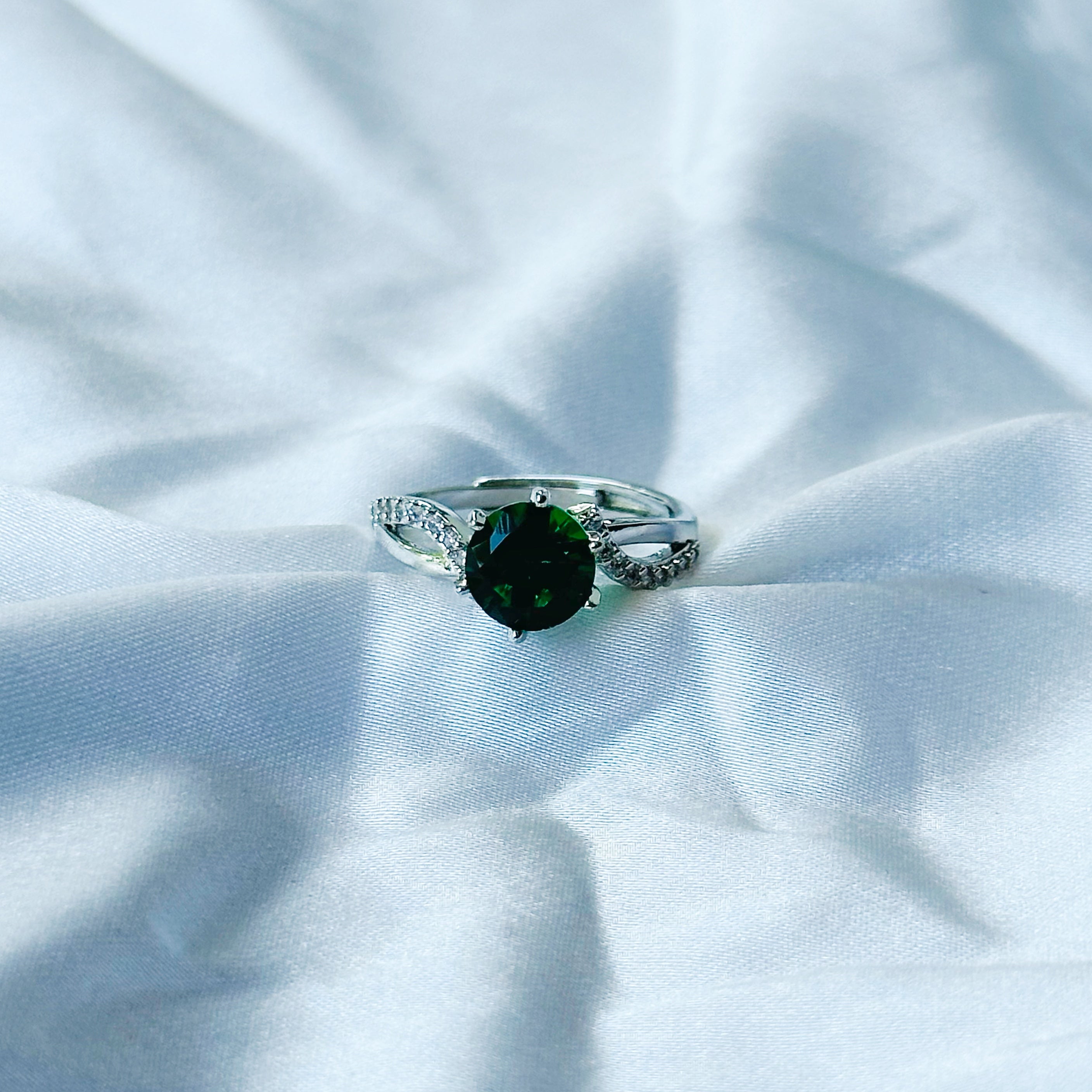 Green Emerald Cubic Zircon Stone American Diamond Silver Plated Adjustable Ring
