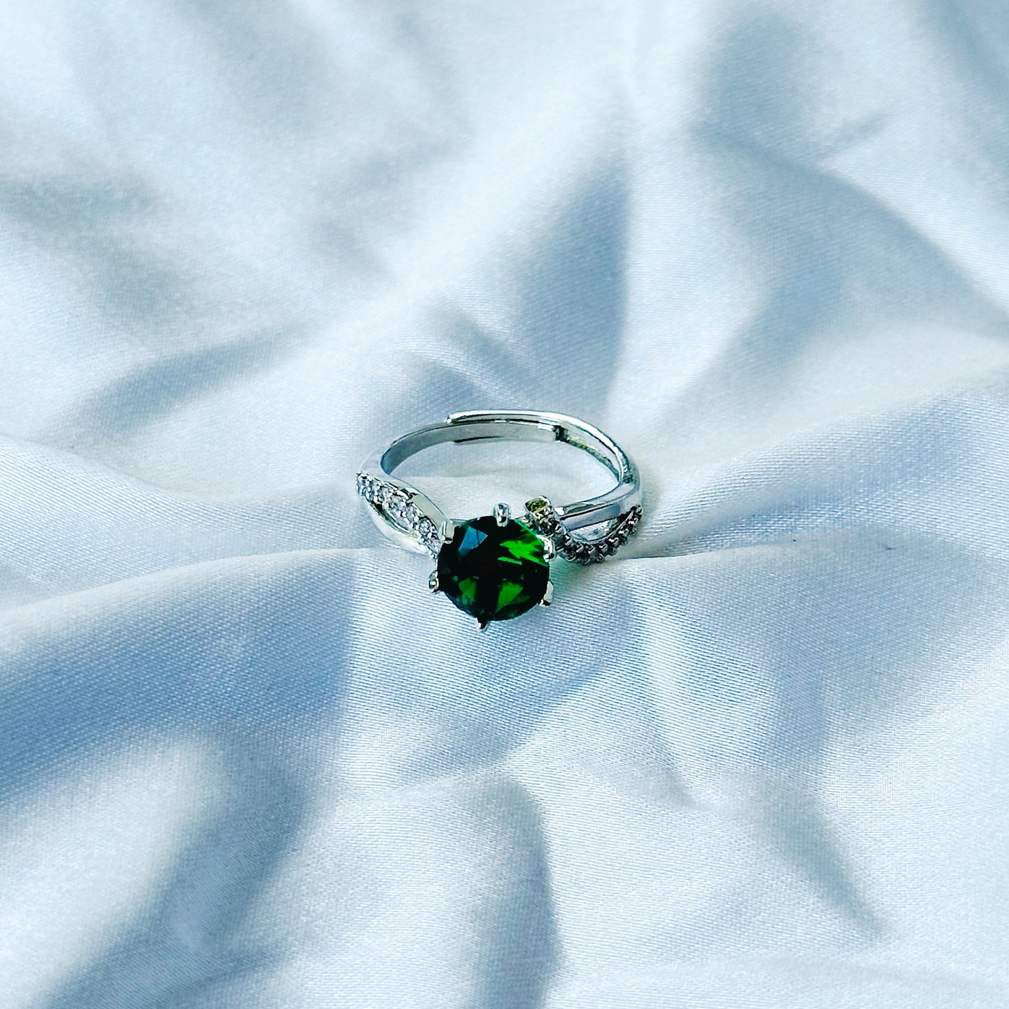 Green Emerald Cubic Zircon Stone American Diamond Silver Plated Adjustable Ring