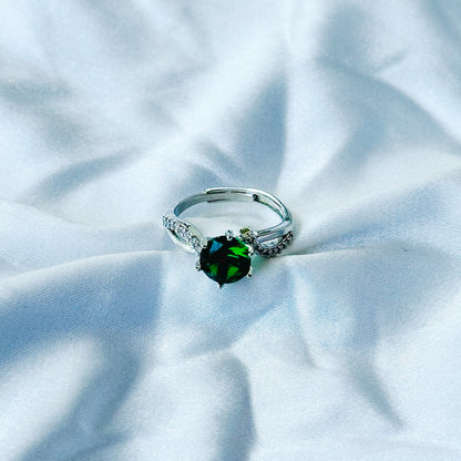 Green Emerald Cubic Zircon Stone American Diamond Silver Plated Adjustable Ring