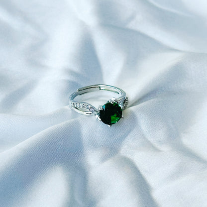 Green Emerald Cubic Zircon Stone American Diamond Silver Plated Adjustable Ring