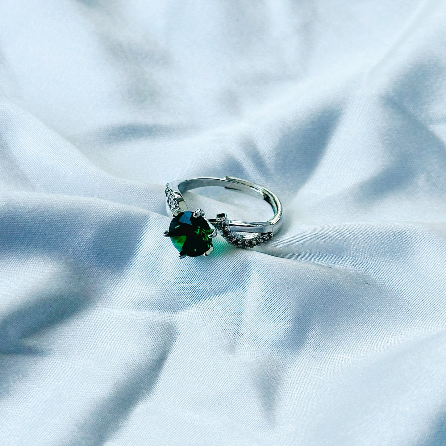 Green Emerald Cubic Zircon Stone American Diamond Silver Plated Adjustable Ring