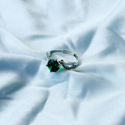 Green Emerald Cubic Zircon Stone American Diamond Silver Plated Adjustable Ring