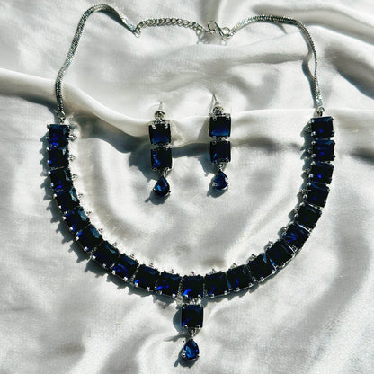 Blue Sapphire Cubic Zircon Stones Silver Plated Necklace Set