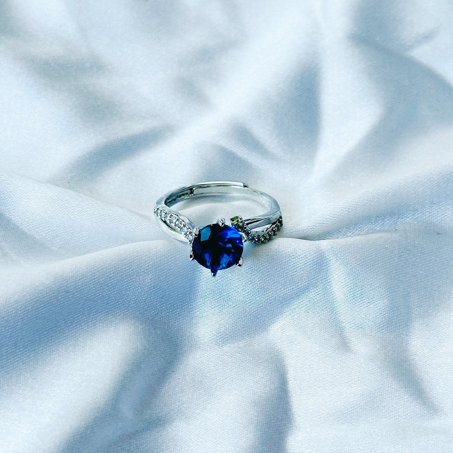 Blue Sapphire Cubic Zircon Stone American Diamond Silver Plated Adjustable Ring