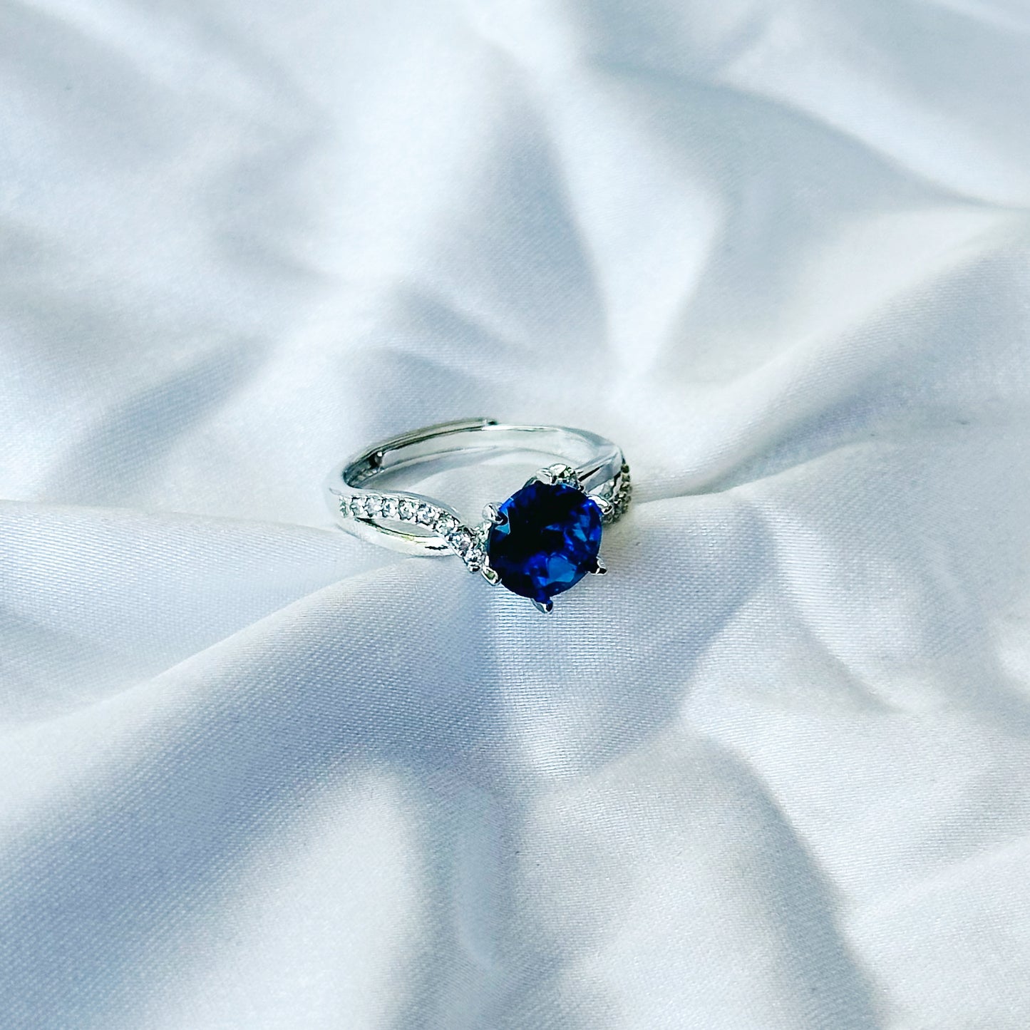 Blue Sapphire Cubic Zircon Stone American Diamond Silver Plated Adjustable Ring