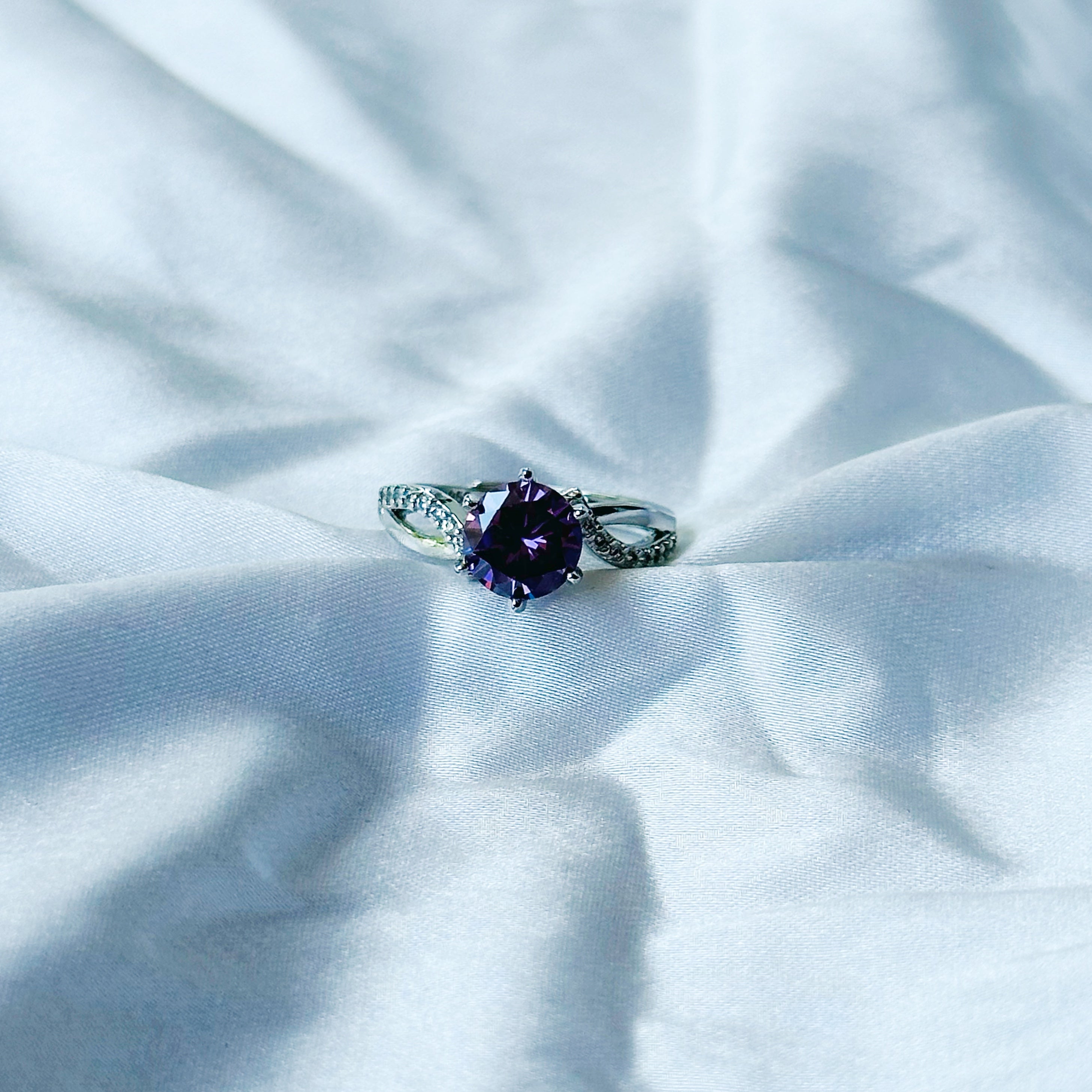 Deep Purple Amethyst Cubic Zircon Stone American Diamond Silver Plated Adjustable Ring