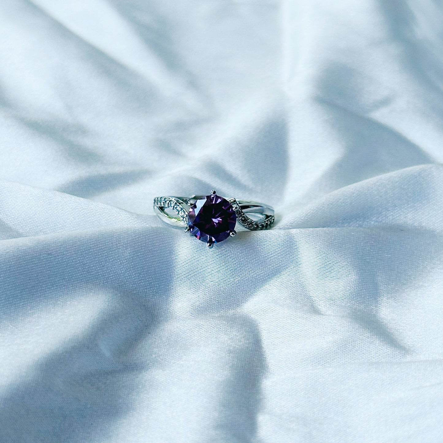 Deep Purple Amethyst Cubic Zircon Stone American Diamond Silver Plated Adjustable Ring