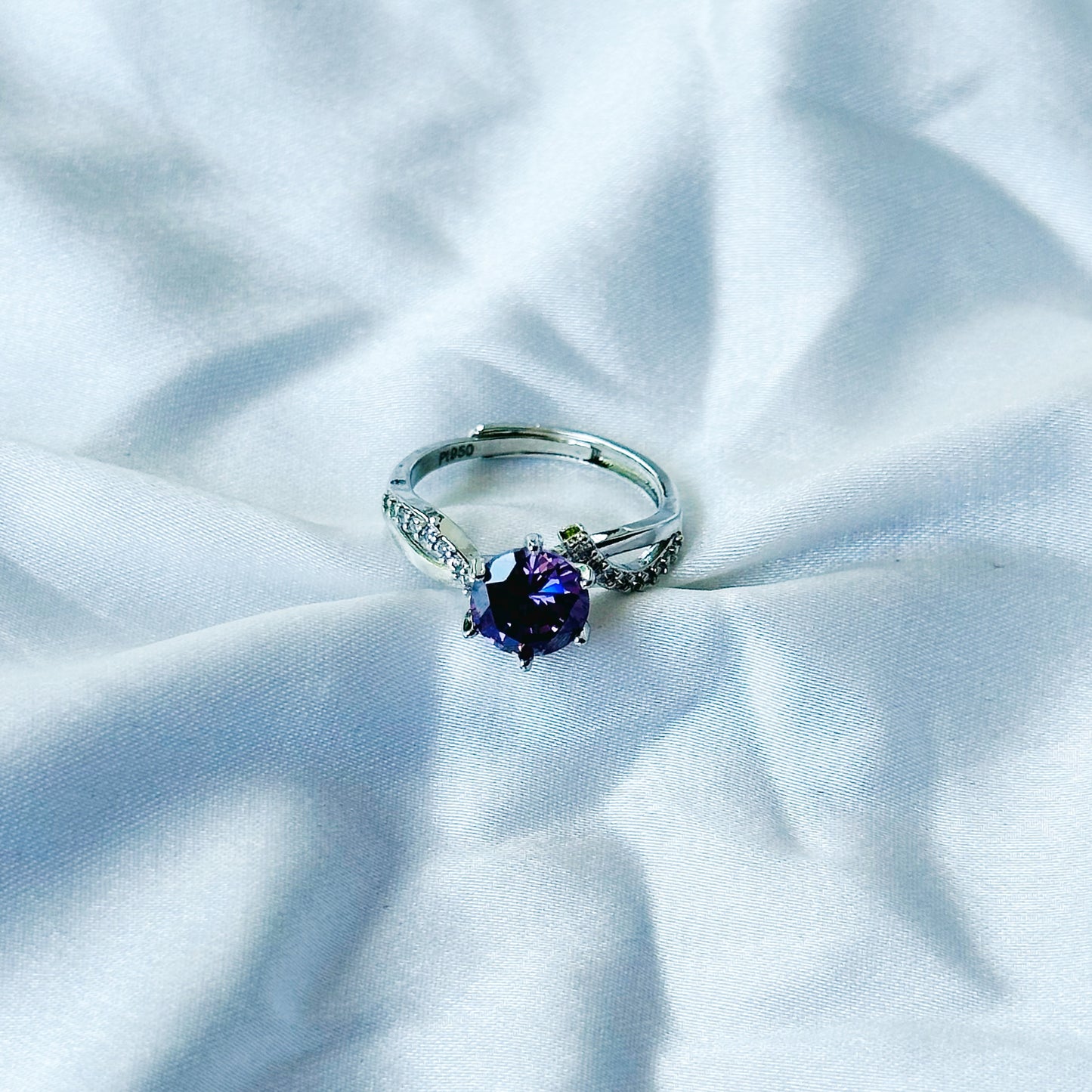 Deep Purple Amethyst Cubic Zircon Stone American Diamond Silver Plated Adjustable Ring