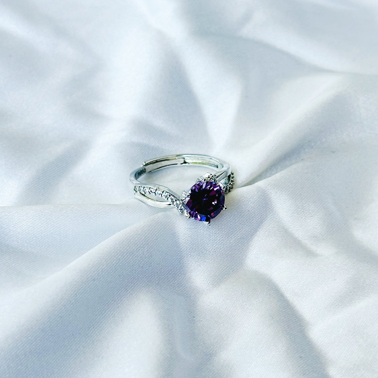 Deep Purple Amethyst Cubic Zircon Stone American Diamond Silver Plated Adjustable Ring