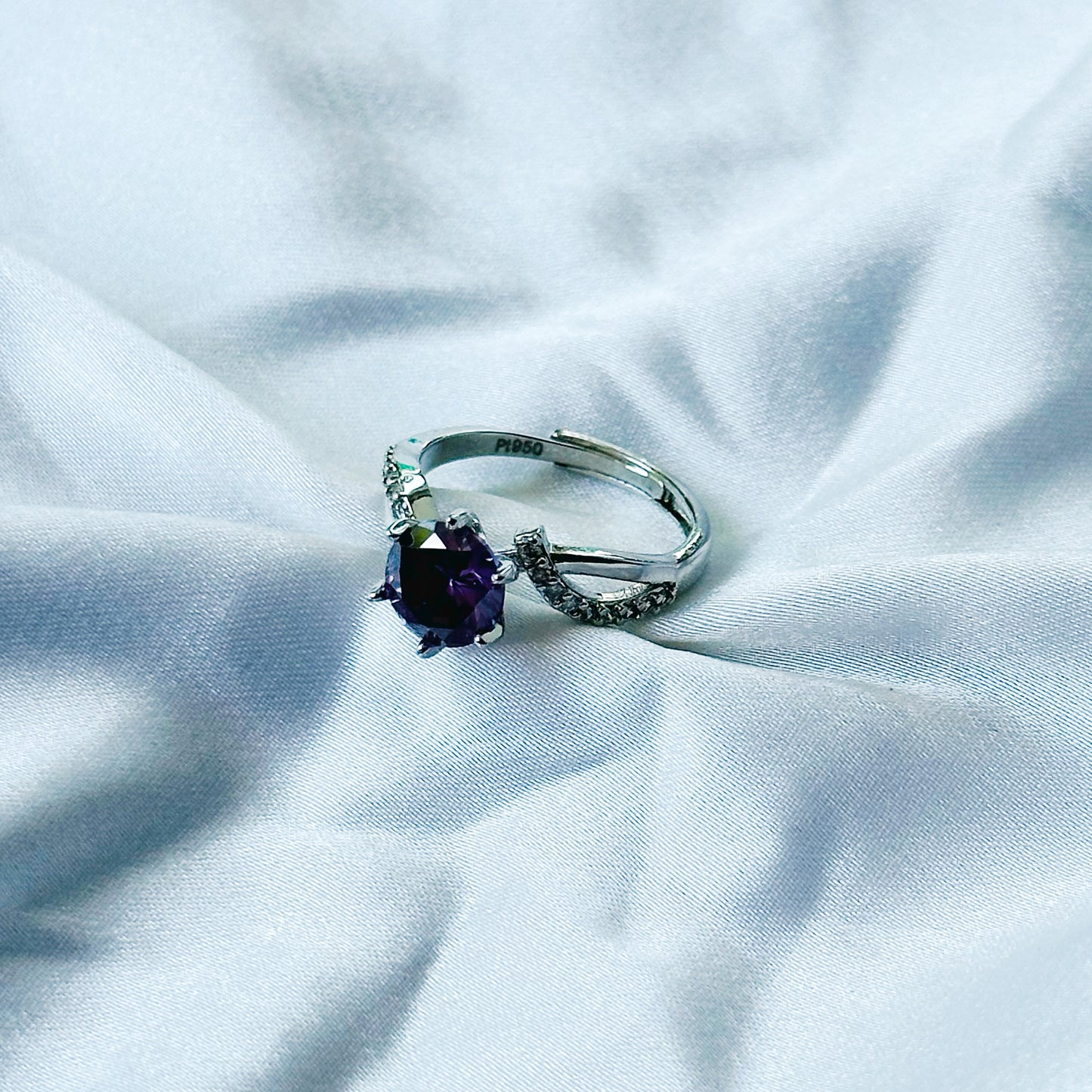 Deep Purple Amethyst Cubic Zircon Stone American Diamond Silver Plated Adjustable Ring