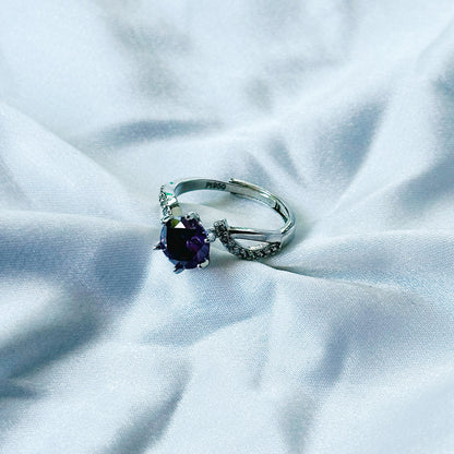 Deep Purple Amethyst Cubic Zircon Stone American Diamond Silver Plated Adjustable Ring