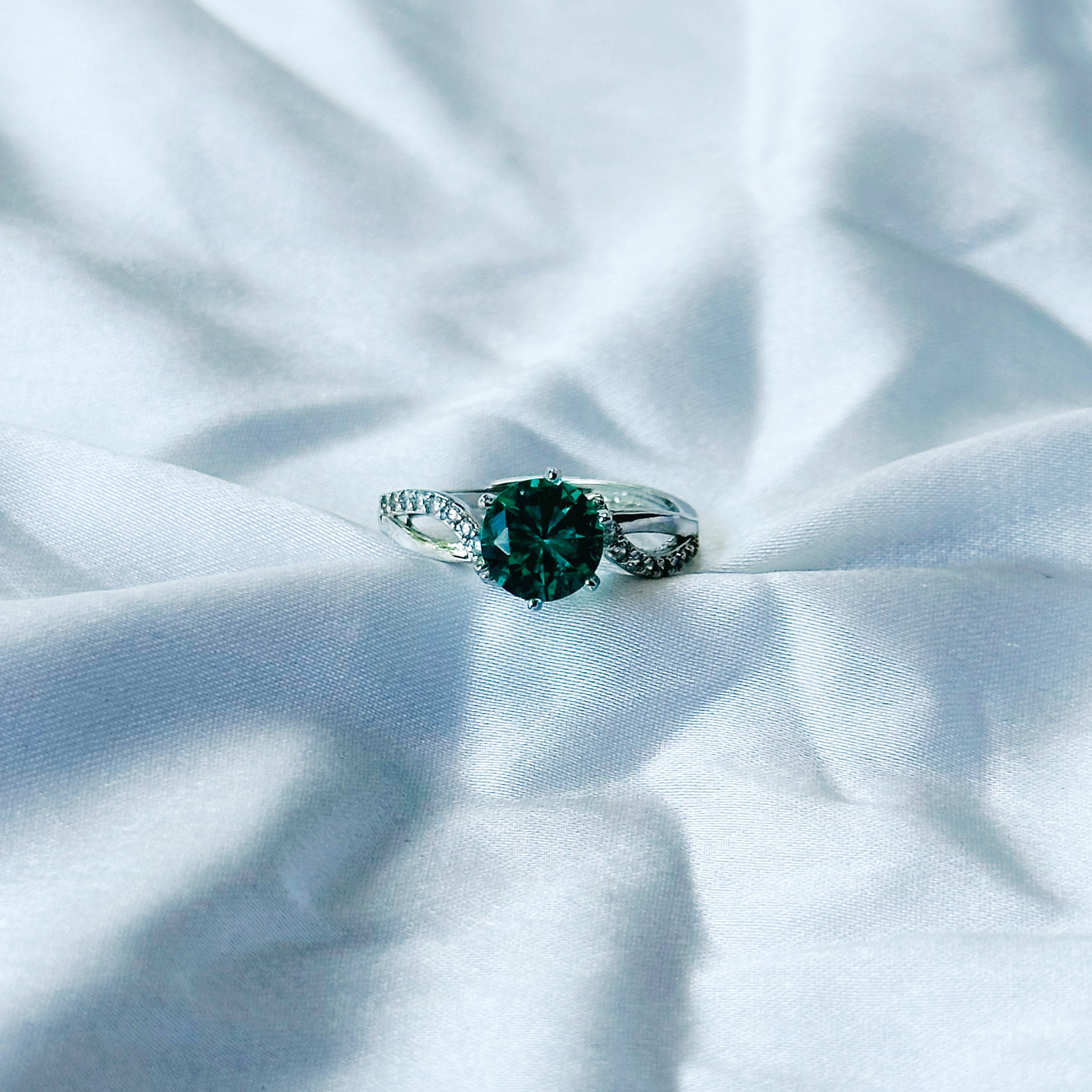 Sea Green Topaz Cubic Zircon American Diamond Silver Plated Adjustable Ring