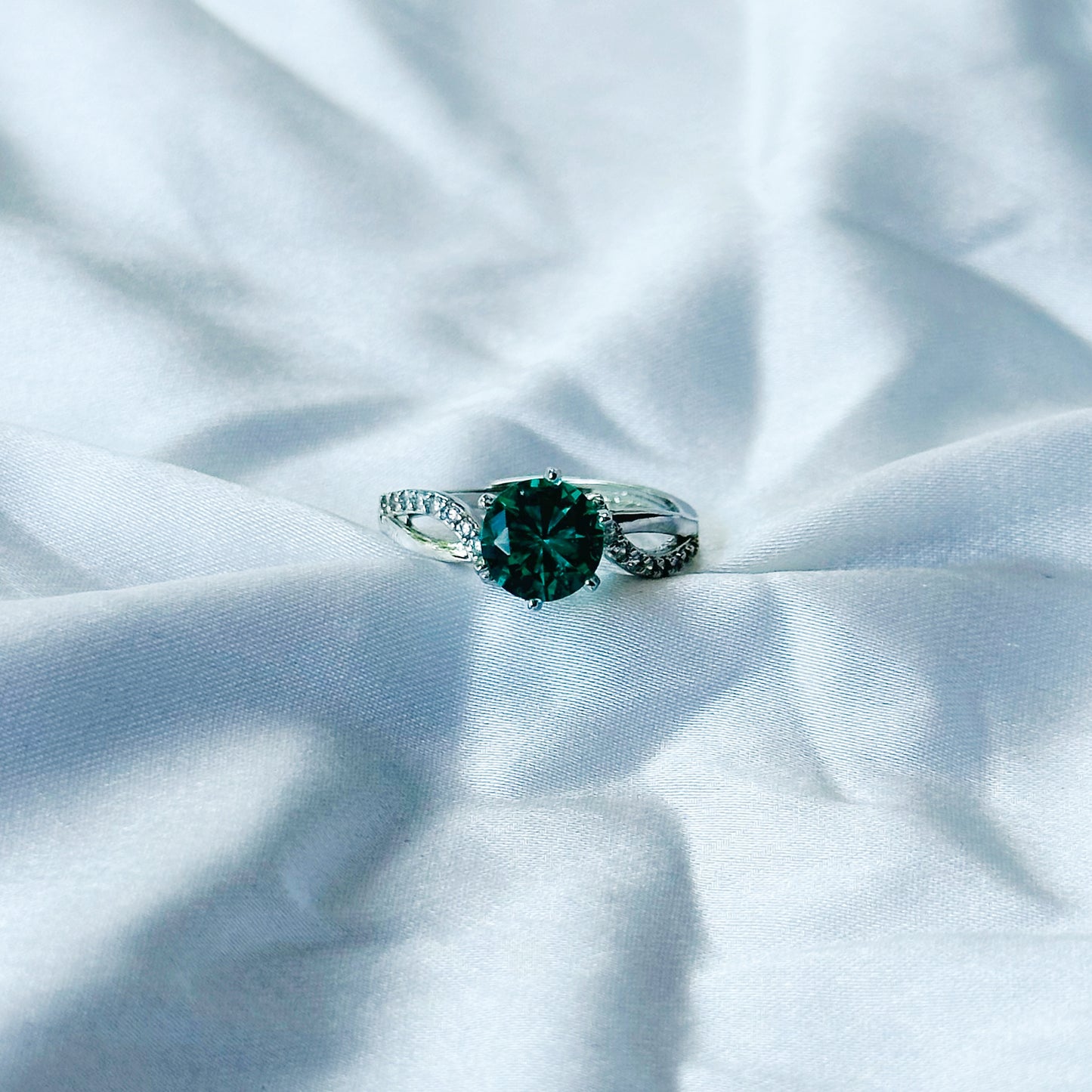 Sea Green Topaz Cubic Zircon American Diamond Silver Plated Adjustable Ring