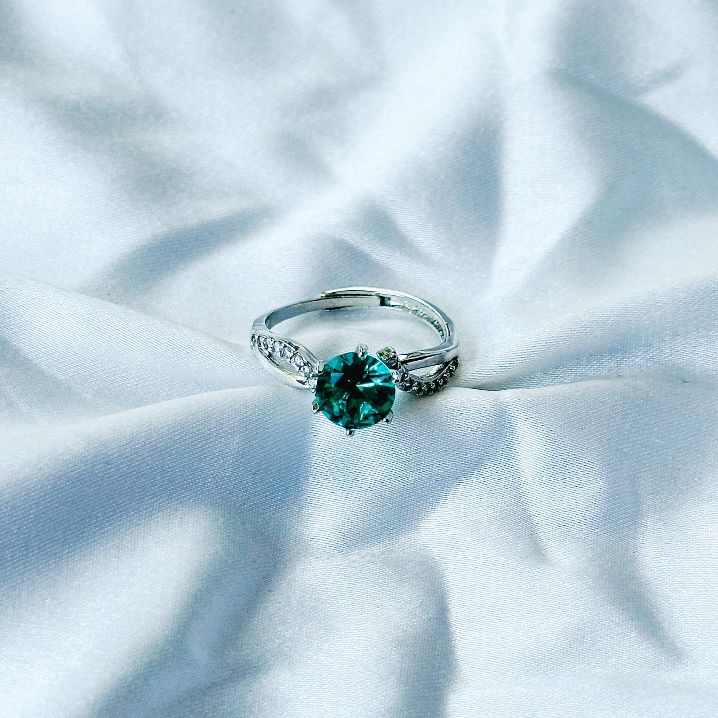 Sea Green Topaz Cubic Zircon American Diamond Silver Plated Adjustable Ring