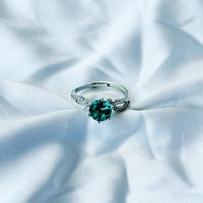 Sea Green Topaz Cubic Zircon American Diamond Silver Plated Adjustable Ring