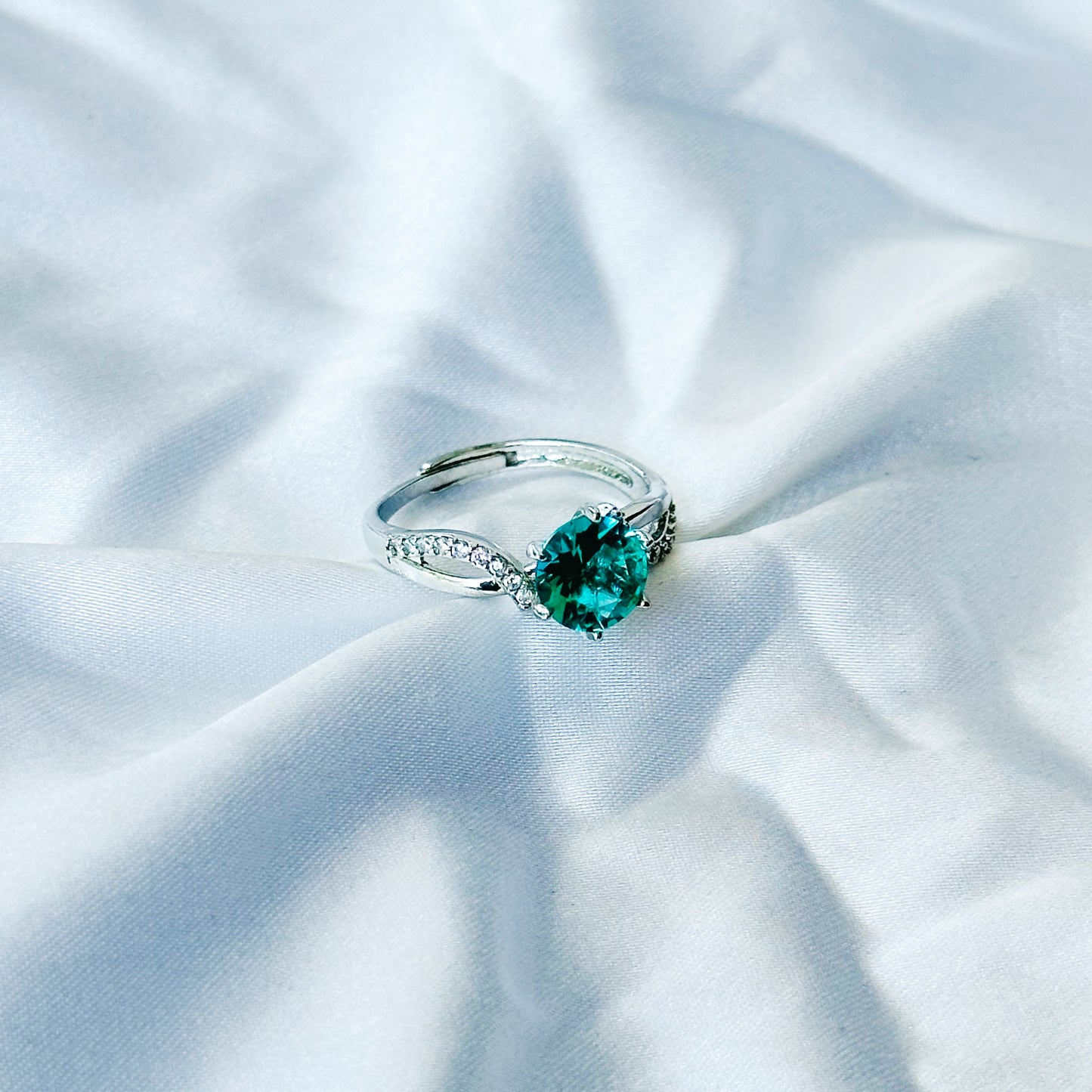 Sea Green Topaz Cubic Zircon American Diamond Silver Plated Adjustable Ring