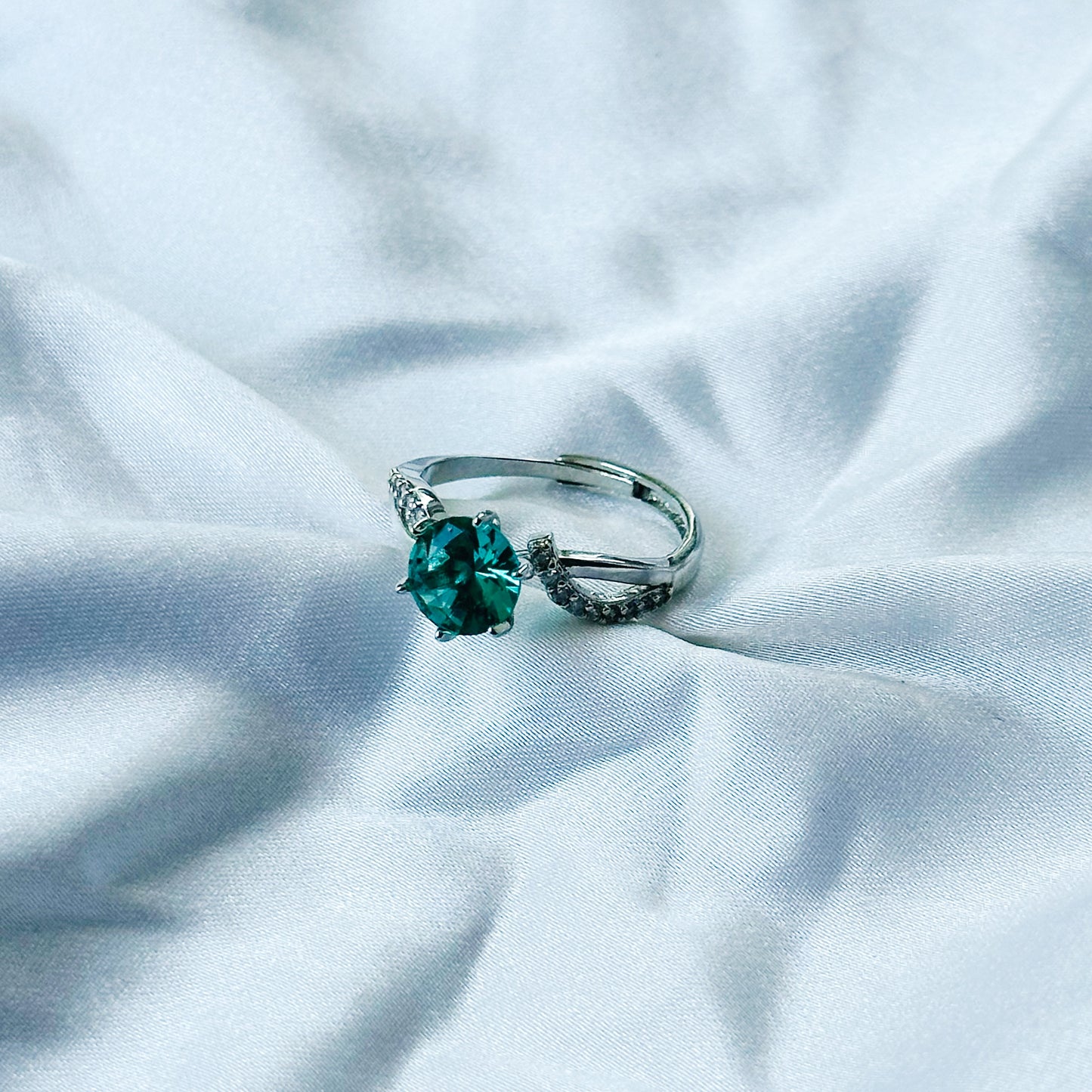 Sea Green Topaz Cubic Zircon American Diamond Silver Plated Adjustable Ring